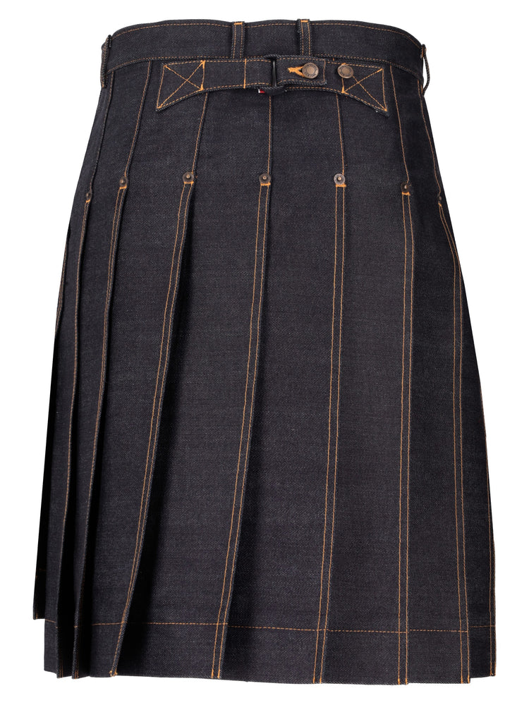 BERMUDA LENGTH CLASSIC 5-POCKET PLEATED SKIRT IN LT WEIGHT JAPANESE SELVEDGE DENIM