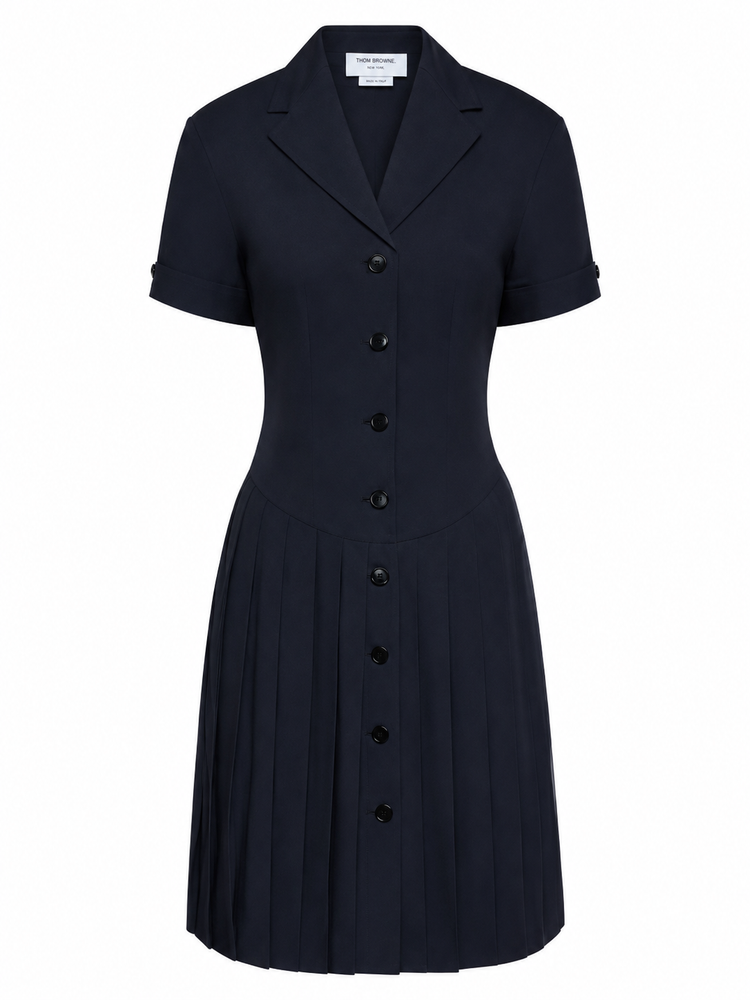 BERMUDA LENGTH SHORT SLEEVE LAPEL COLLAR PLEATED DRESS IN WRINKLE FREE COTTON SUITING