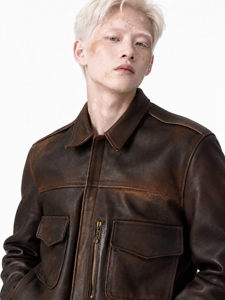 JOURNEY M'S LEATHER BOMBER JACKET WITH PATCH POCKETS  LEATHER DISTRESSED EFFECT