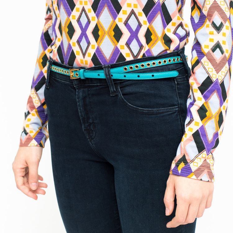 PRADA skinny eyelet belt turquoise