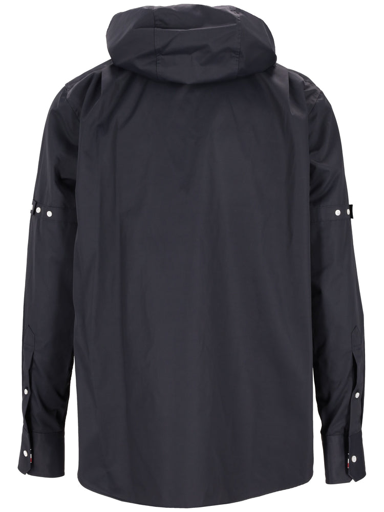 HOODED STRAIGHT FIT L/S SHIRT W/ RWB CUFF DETAIL AND CFRONT PLACKET AND SELF ARMBAND IN POLY COTTON