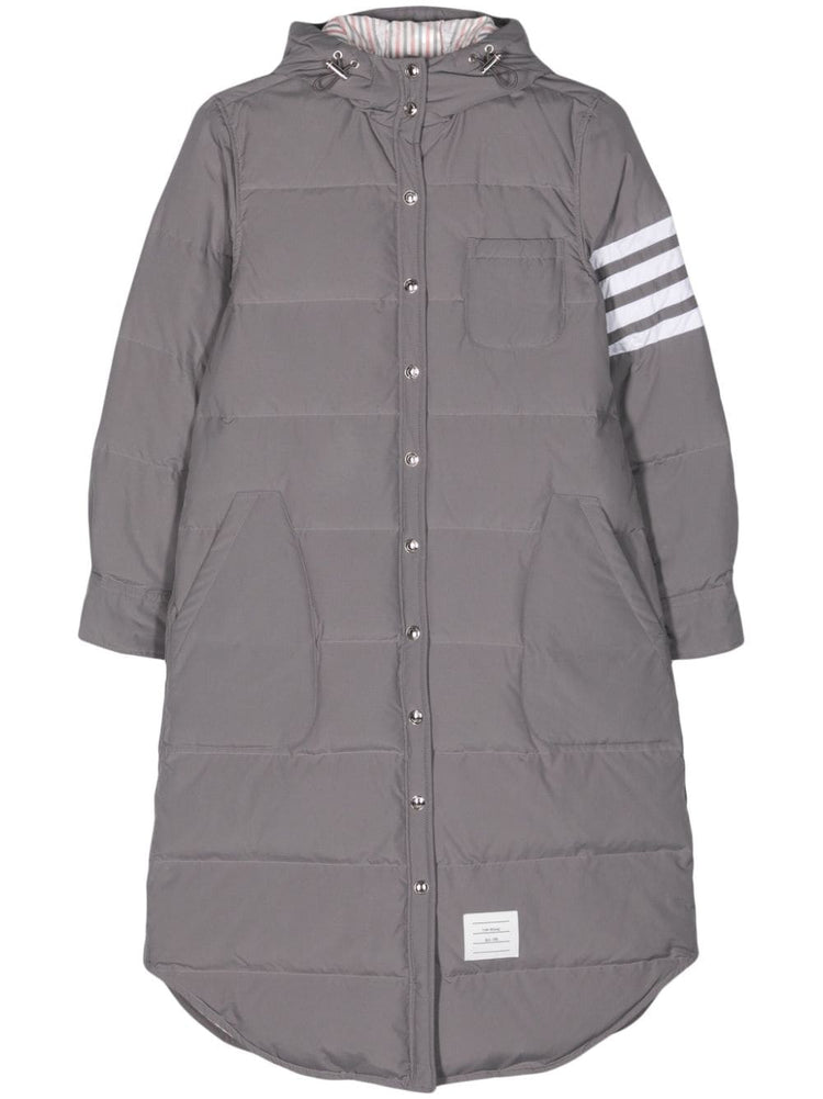 DOWN FILLED BELOW KNEE HOODED SHIRTDRESS W/ 4 BAR IN MILITARY RIPSTOP