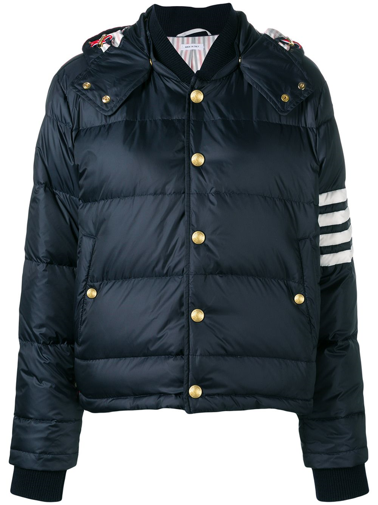 DOWNFILLED SNAP FRONT DETACHABLE HOOD BOMBER W/ 4BAR IN MATTE FINISH NYLON