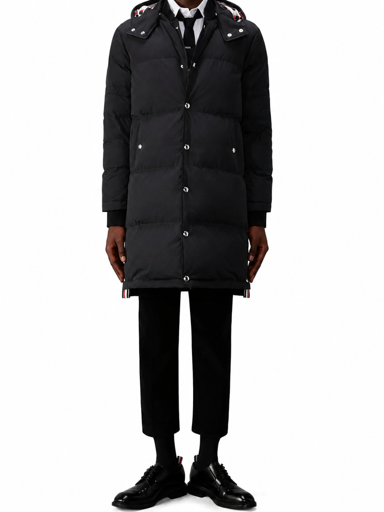 DOWNFILLED SNAP FRONT DETACHABLE HOOD COAT W/ SELF ARMBAND (42") IN POLY TECH O.P.