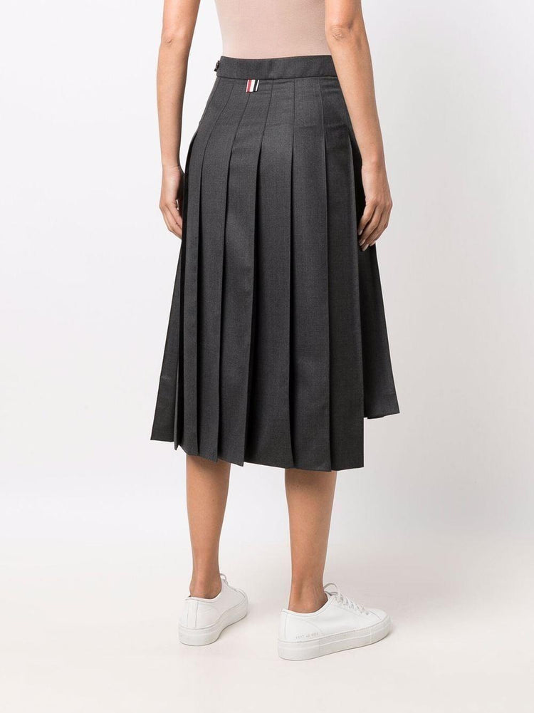 THOM BROWNE DARK GREY SUPER 120's TWILL BELOW KNEE PLEATED SKIRT