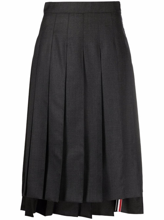 THOM BROWNE DARK GREY SUPER 120's TWILL BELOW KNEE PLEATED SKIRT