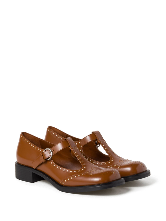 Brushed leather T-strap brogue shoes