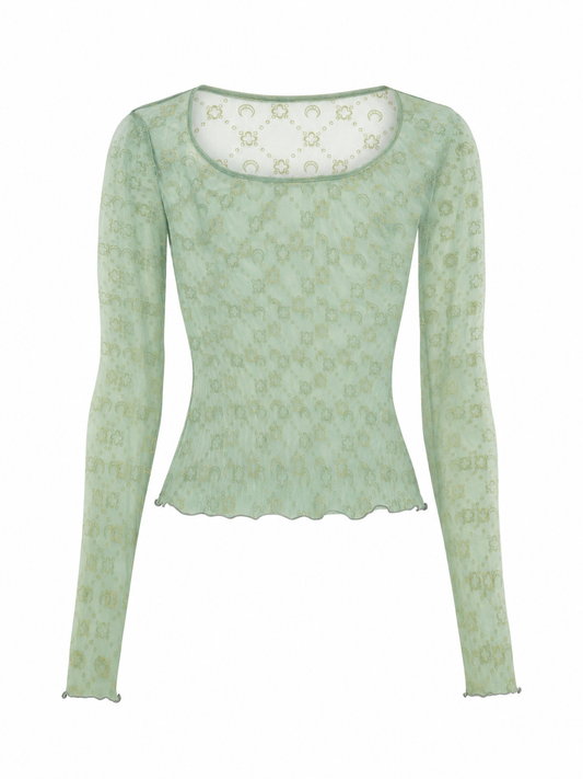 MOONOGRAM MESH FLOCK LS ROUNDNECK TOP
