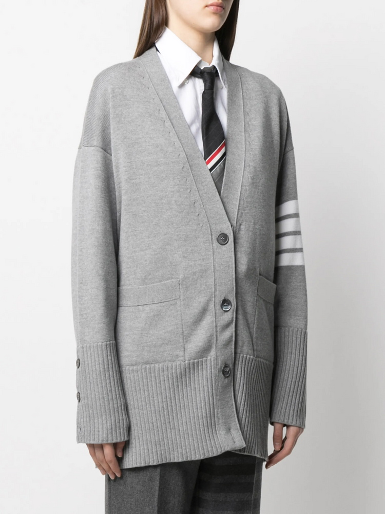 EXAGGERATED FIT V NECK CARDIGAN W/ 4 BAR STRIPE IN FINE MERINO WOOL