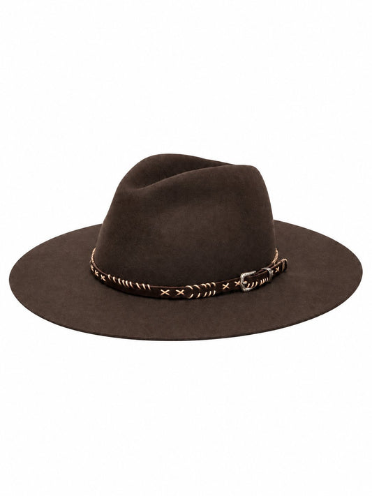 FEDORA FLAT BRIM HAT HEAVY FELT/ LEATHER BELT