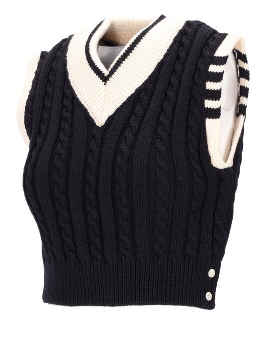 CLASSIC BABY CABLE STITCH CROPPED V NECK PULLOVER VEST IN MERINO WOOL W/ 4 BAR STRIPE