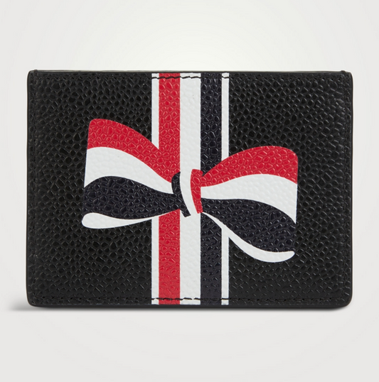 SINGLE CARD HOLDER W/ RWB BOW IN PEBBLE GRAIN LEATHER