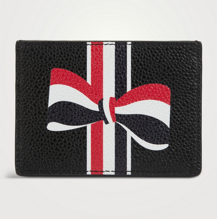 SINGLE CARD HOLDER W/ RWB BOW IN PEBBLE GRAIN LEATHER