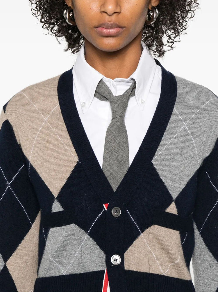 ARGYLE JERSEY INTARSIA CLASSIC V NECK CARDIGAN IN CASHMERE