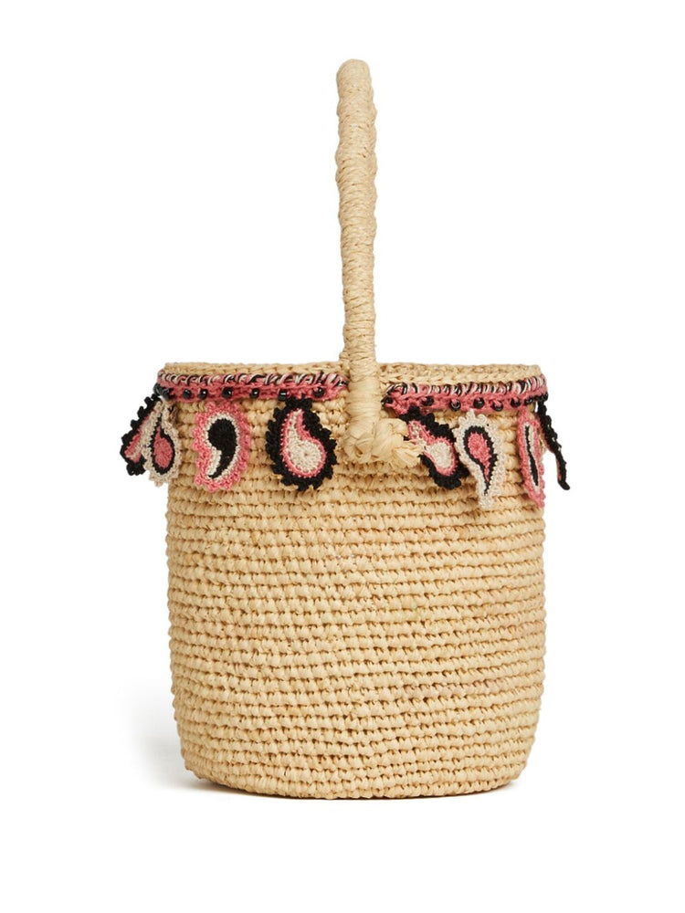 paisley-appliqué raffia basket bag