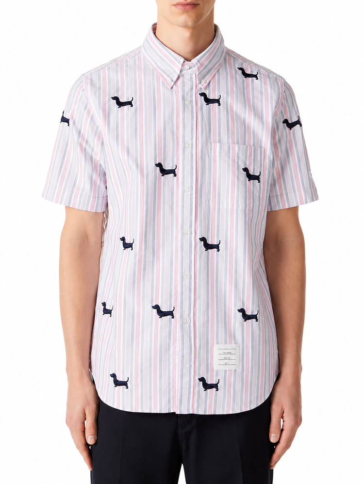 STRAIGHT FIT BD S/S SHIRT W/ SATIN STITCH HALF DROP HECTOR IN 4 BAR REPP STRIPE OXFORD