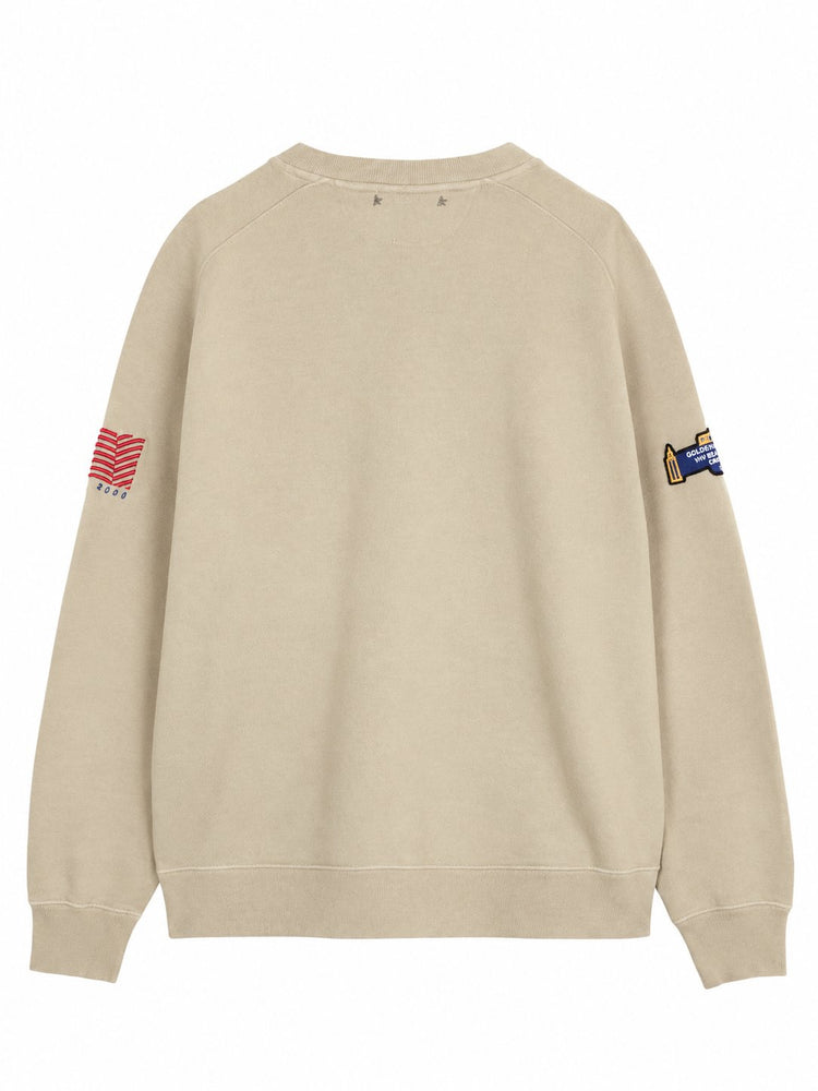 JOURNEY UNISEX GARMENT DYED OVER CREW NECK SWEATSHIRT COTTON FLEECE WITH PRINT AND PATCHES