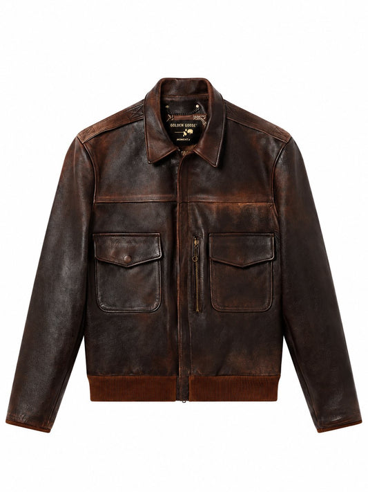 JOURNEY M'S LEATHER BOMBER JACKET WITH PATCH POCKETS LEATHER DISTRESSED EFFECT