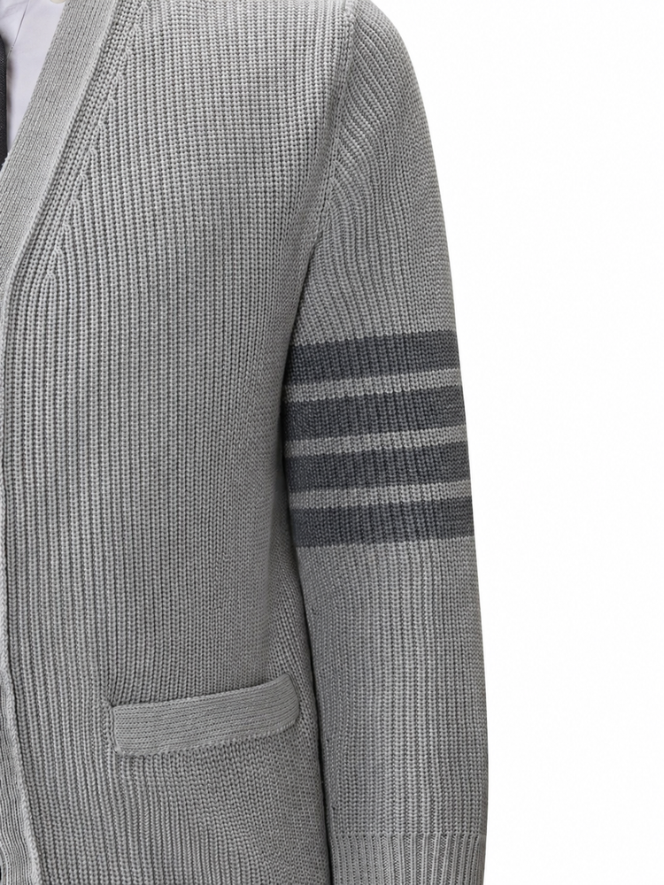 GARMENT DYE CARDIGAN STITCH V NECK CARDIGAN IN COTTON W/ TONAL 4 BAR STRIPE