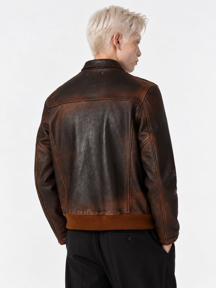 JOURNEY M'S LEATHER BOMBER JACKET WITH PATCH POCKETS  LEATHER DISTRESSED EFFECT