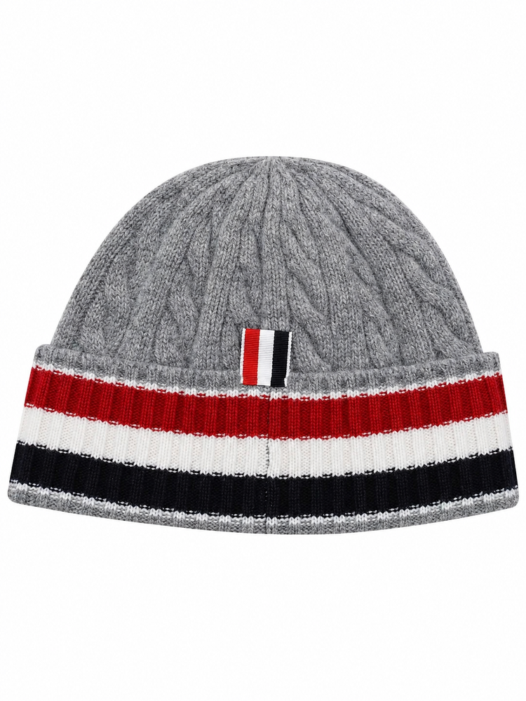 CABLE AND RIB BEANIE IN MERINO WOOL W/ RWB STRIPE