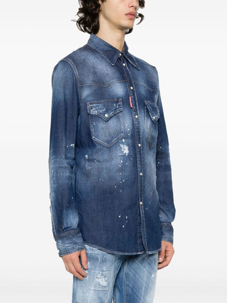 paint-splatter denim shirt