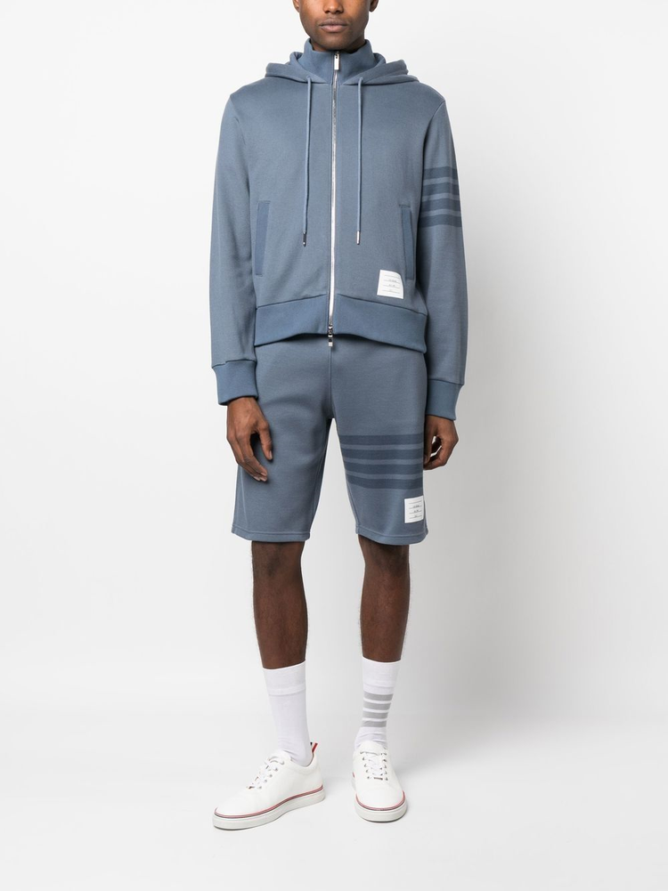 THOM BROWNE ZIP UP HOODIE W/ RIB FUNNEL NECK IN DOUBLE FACE KNIT W/ ENG 4BAR