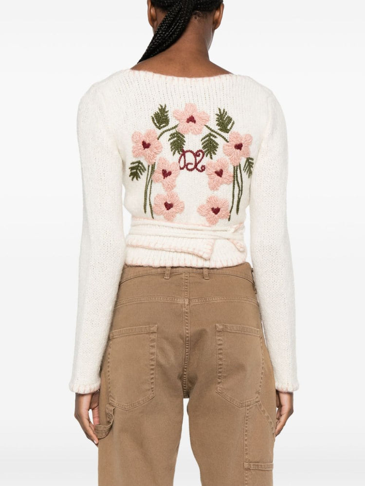 floral-embroidery wrap cropped cardigan
