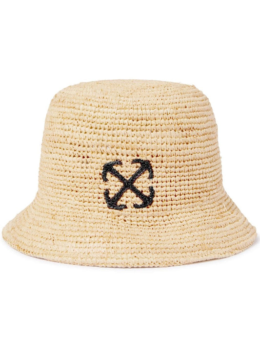 Arrows-embroidered raffia bucket hat