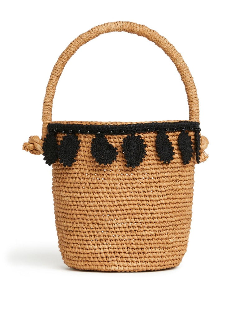 paisley-appliqué raffia basket bag
