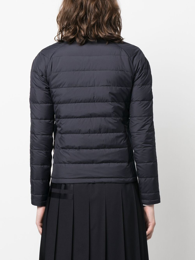 THOM BROWNE PACKABLE DOWN FUNNEL NECK JACKET W/ 4 BAR IN ULTRA LIGHTWEIGHT NYLON TECH