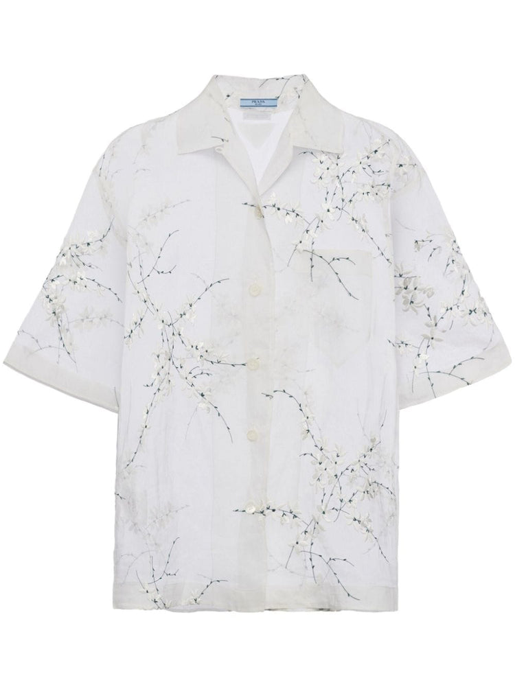 floral-embroidered short-sleeved sheer shirt