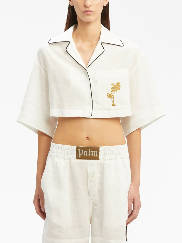 PALM ANGELS logo-embroidered cropped linen shirt