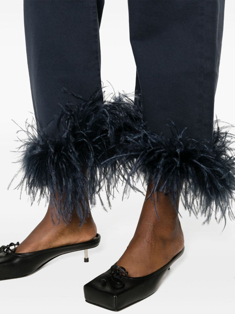 feather-trim stretch-cotton jeans