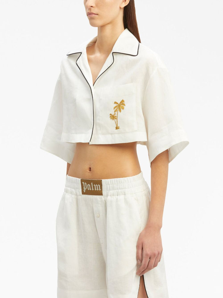 PALM ANGELS logo-embroidered cropped linen shirt