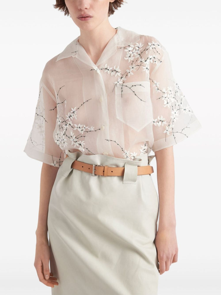 floral-embroidered short-sleeved sheer shirt