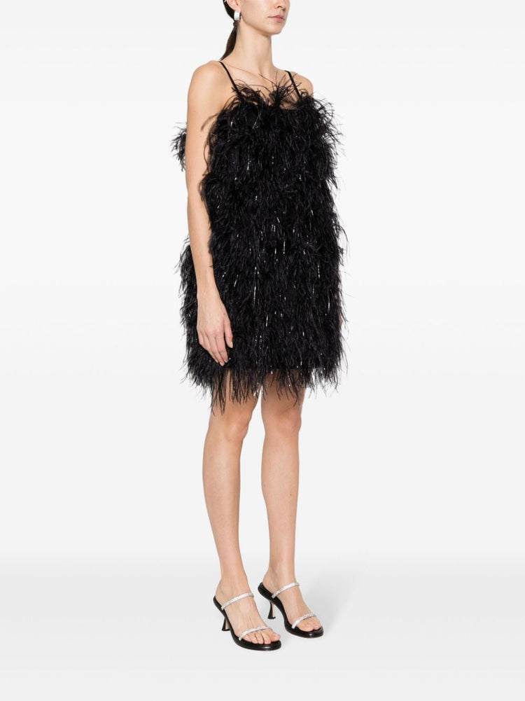 square-neck ostrich-feather minidress