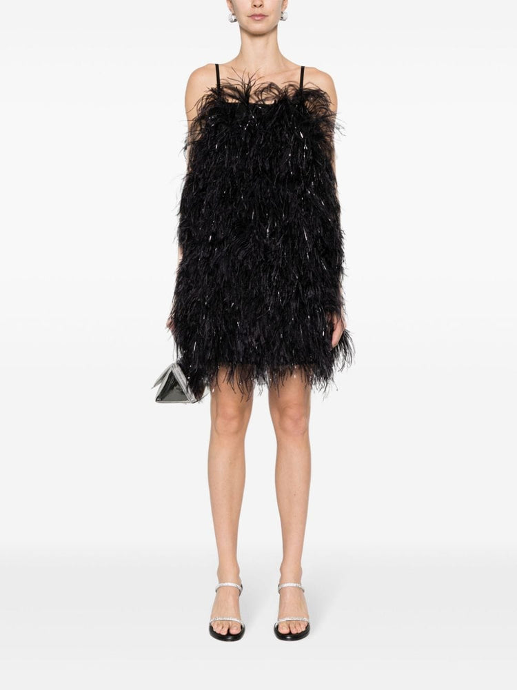 square-neck ostrich-feather minidress