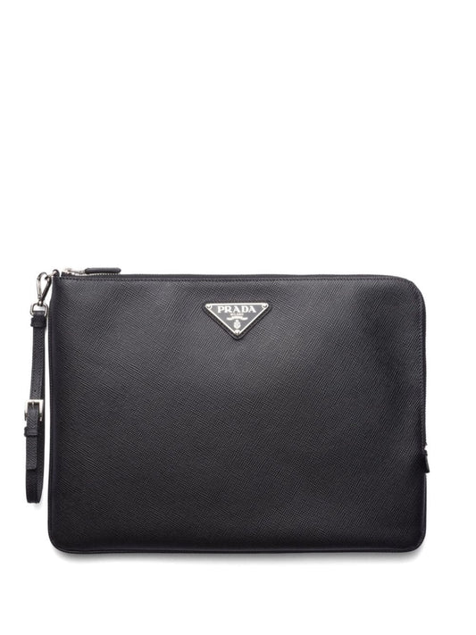 triangle-logo leather clutch bag