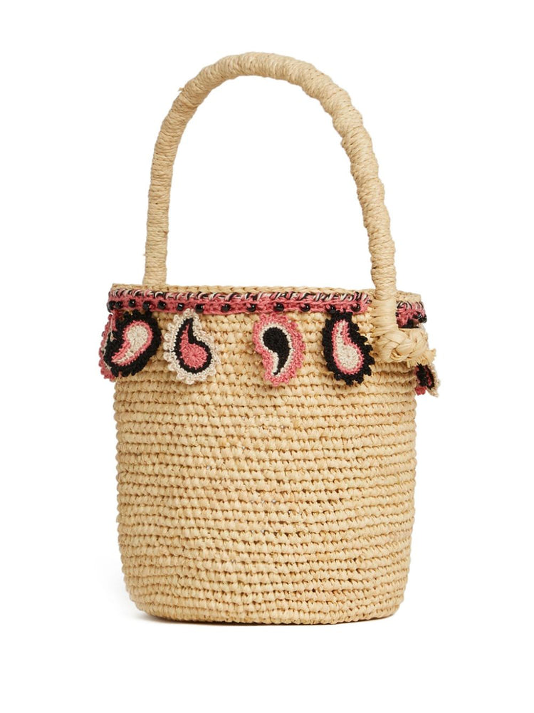 paisley-appliqué raffia basket bag