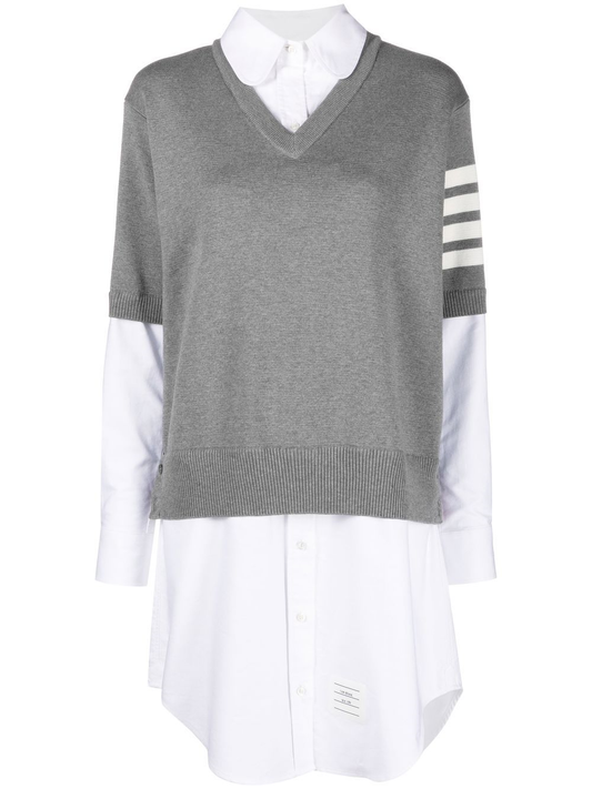 THOM BROWNE MILANO STITCH RC OXFORD THIGH LENGTH SHIRTDRESS V NECK TEE COMBO IN COTTON W/ 4 BAR STRIPE