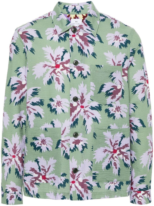floral-print seersucker shirt jacket