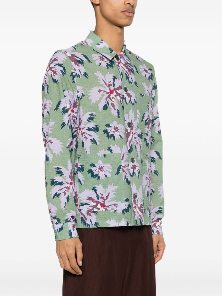 floral-print seersucker shirt jacket
